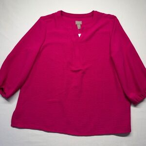 Chicos NWT Size L Easy Fluid Tunic Top Pink 3/4 Sleeve Textured Blouse Relaxed